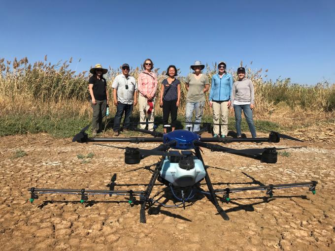 Project team standing with a drone used for spraying herbicides on Phragmites in Suisun Marsh.