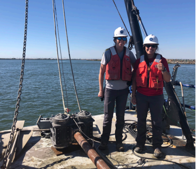 Dr. Jillian Maloney and Dr. Shannon Klotsko of San Diego State University on the fantail of the Retriever after a day of collecting vibracores in the Sacramento-San Joaquin Delta. Courtesy photo