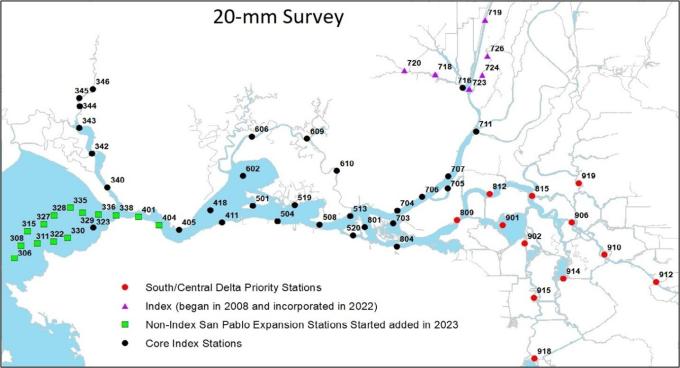 The current CDFW 20-mm Survey station map, showing current sampling locations in the upper San Francisco Estuary. Stations marked with a black dot are index stations. Stations marked with a purple triangle are non-index stations that were added in 2008. Stations marked with a green square are the 14 San Pablo expansion stations added in 2023. Stations marked with red circles are south/central delta priority stations