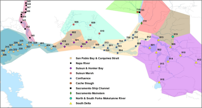 Map of the Smelt Larva Survey station locations sampled by the California Department of Fish and Wildlife. Stations are located in 10 strata: San Pablo & Carquinez strait (dark teal), Napa River (pink), Suisun & Honker Bays (orange), Suisun Marsh (teal), Confluence (yellow), Sacramento Ship Channel (blue), Cache Slough (green), Sacramento Mainstream (red), North and South Forks Mokelumne River (brown), and South Delta (purple).