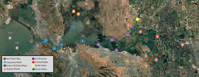 Upper Estuary Zooplankton Study Sampling Stations, Marker color - Zooplankton Study regions (see legend). 	Marker with star – station sampled continuously since 1972 (“core” stations). 	Marker with square - non-core station, currently sampled. 	Marker with dot - non-core station, sampling suspended July 2024.