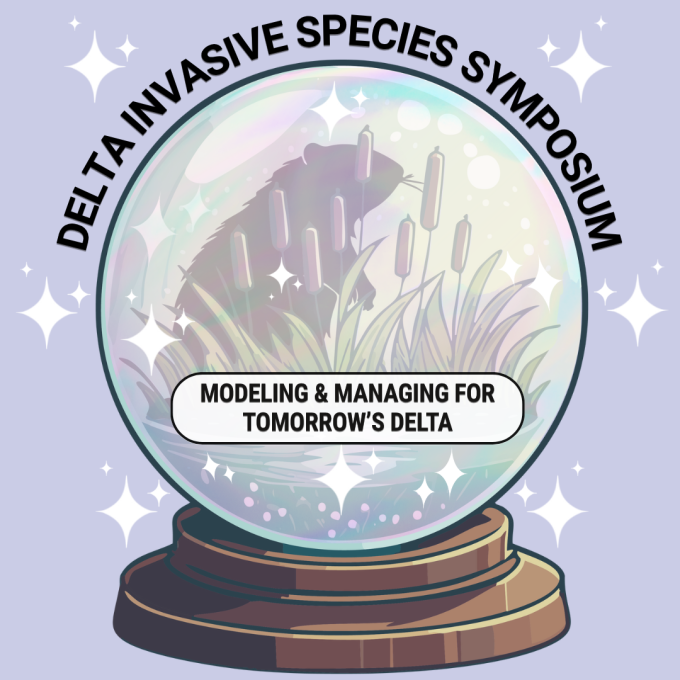 Logo for symposium showing a nutria and wetland plants in a crystal ball