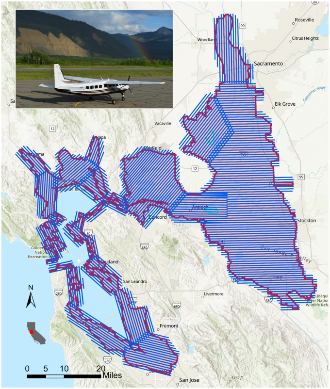 LiDAR flight plan and progress map for the San Francisco Baylands and San Joaquin Delta. Areas in pink represent completed flight lines as of August 21, while yellow lines indicate planned coverage.  