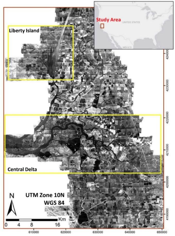 Panchromatic view of the Legal Delta using AVIRIS-NG near infrared band. The yellow boxes show the Central Delta region and the northwest Liberty Island region.